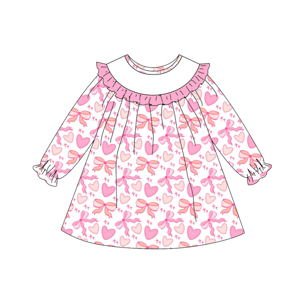 11.8 GLD1498 Pre order No Moq Baby Girls Pink Long Sleeve Bows Hearts Valentine Knee Length Dresses