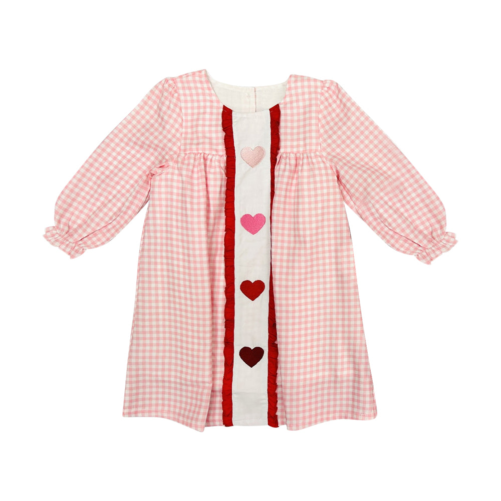 11.18 GLD1509 Pre order No Moq Baby Girls Pink Checked Hearts Valentines Knee Length Dresses