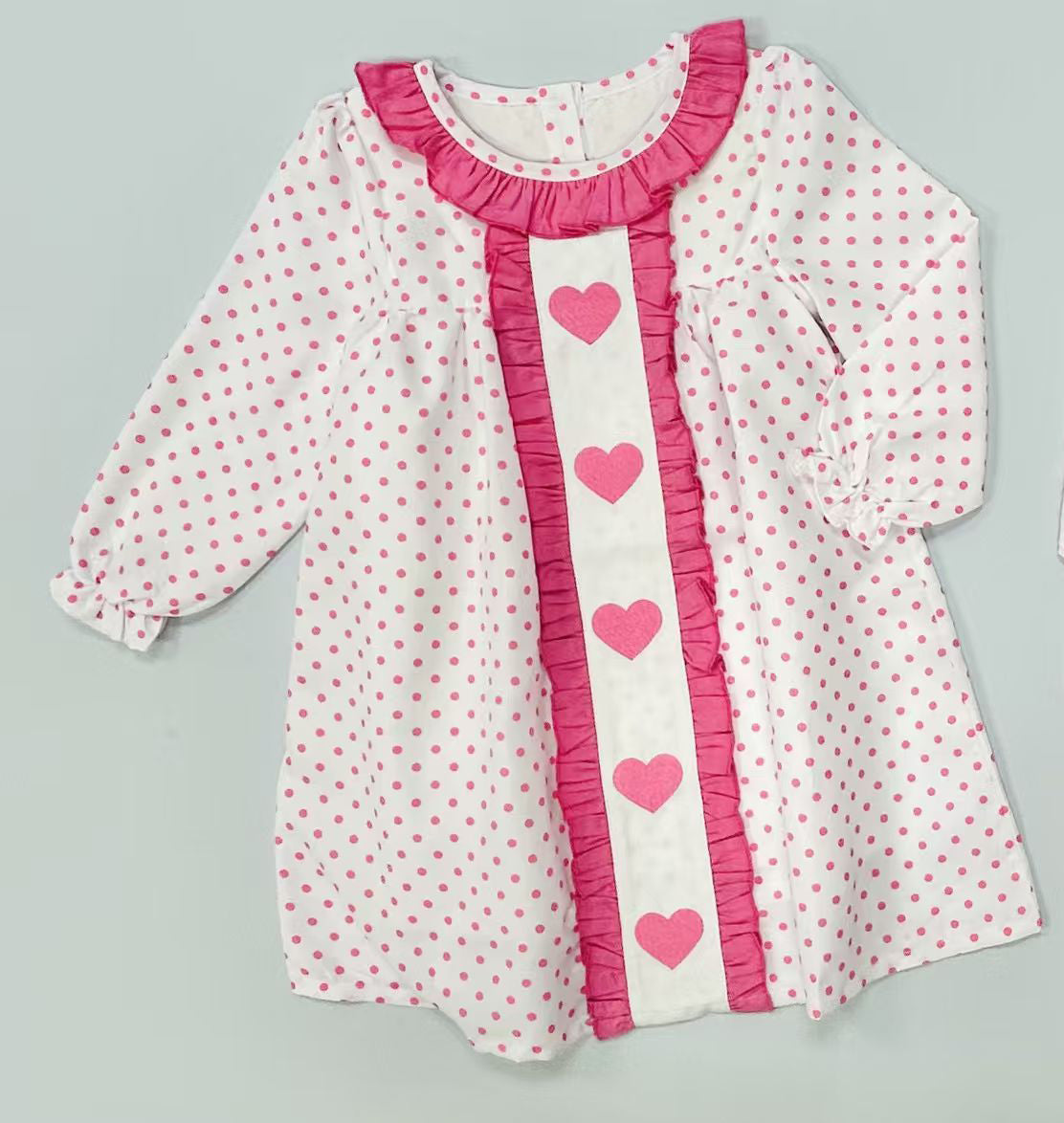 11.18 GLD1510 Pre order No Moq Baby Girls Pink Polka Dots Hearts Valentines Collar Knee Length Dresses