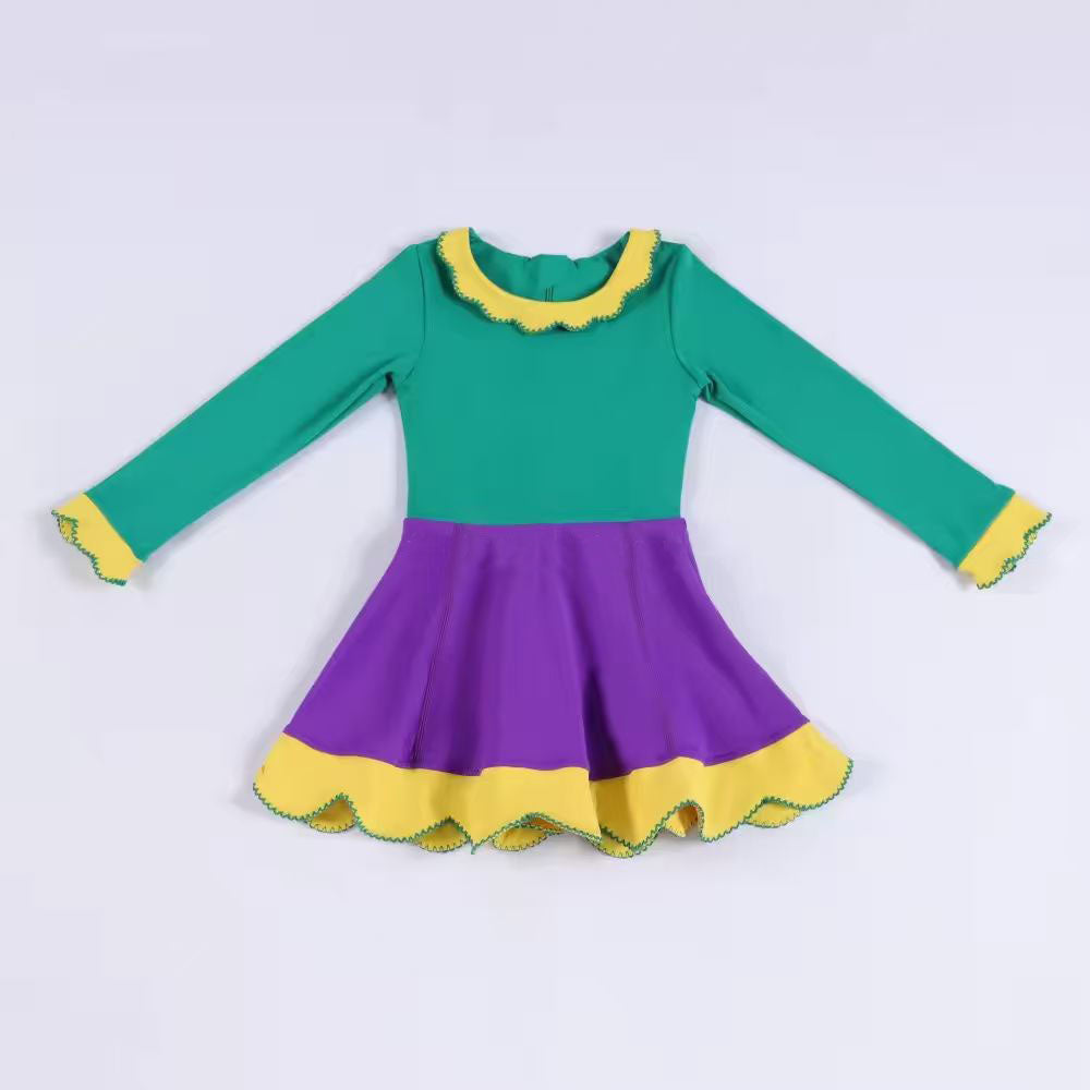11.20 GLD1517 Pre order No Moq Yoga fabric Baby Girls Long Sleeve Mardigras Yoga Ruffle Collar Knee length Dresses
