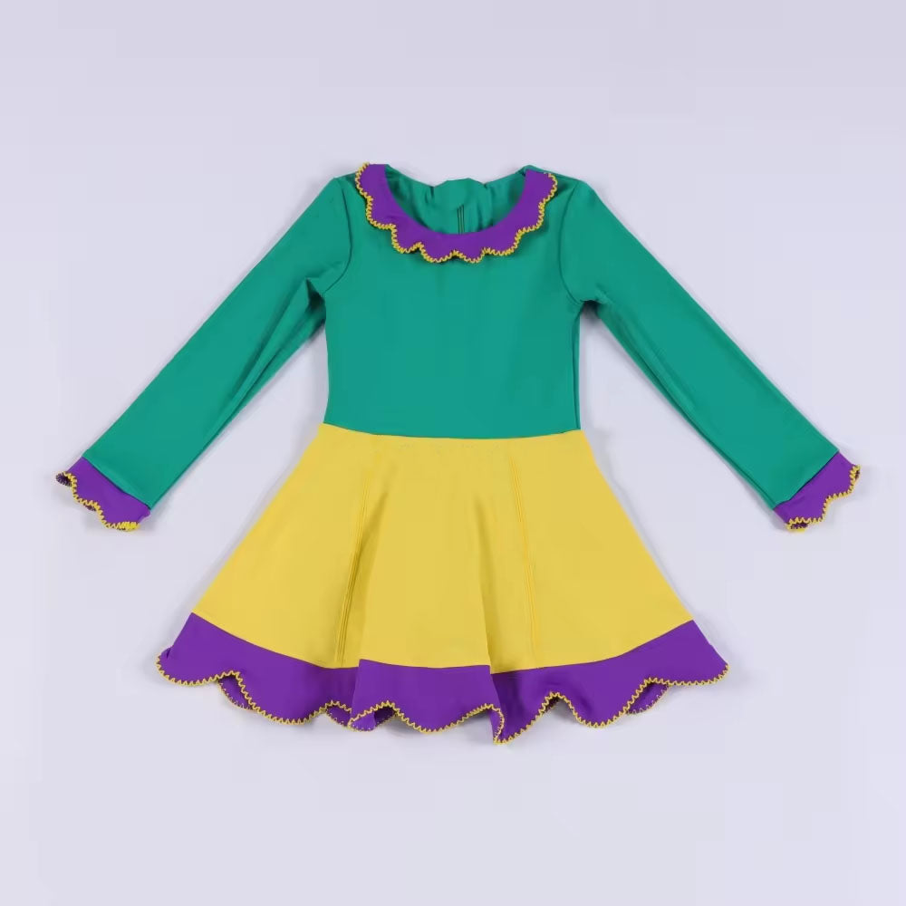 11.20 GLD1518 Pre order No Moq Yoga fabric Baby Girls Long Sleeve Mardigras Yoga Ruffle Collar Knee length Dresses