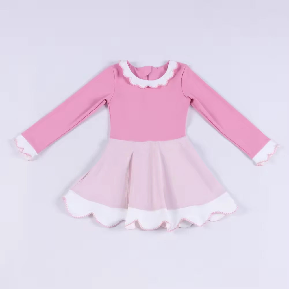 11.20 GLD1522 Pre order No Moq Yoga fabric Baby Girls White Pink Yoga Ruffle Collar Knee length Dresses