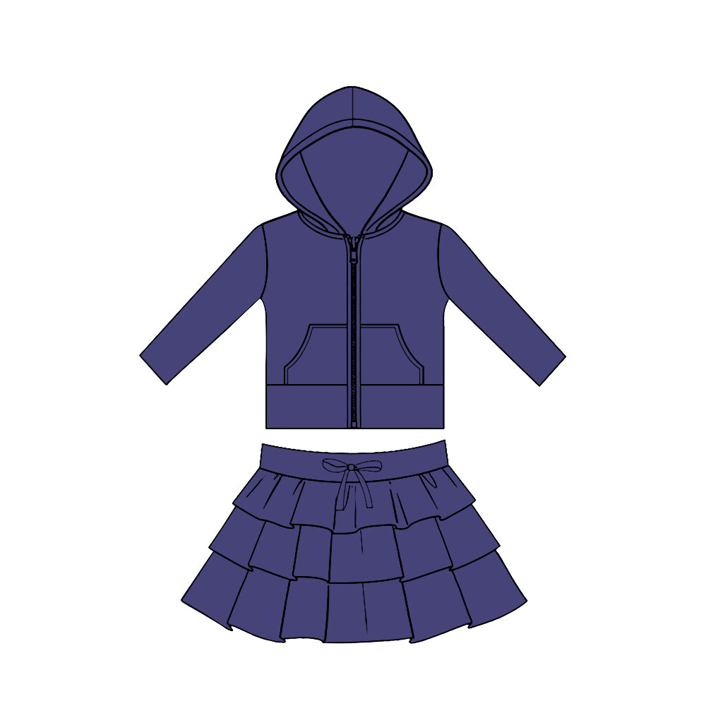 11.20 GLD1524 Pre order No Moq Yoga fabric Baby Girls Purple Pockets Zip Hoodies Jacket Ruffle Skirt Shorts Yoga Clothes Sets