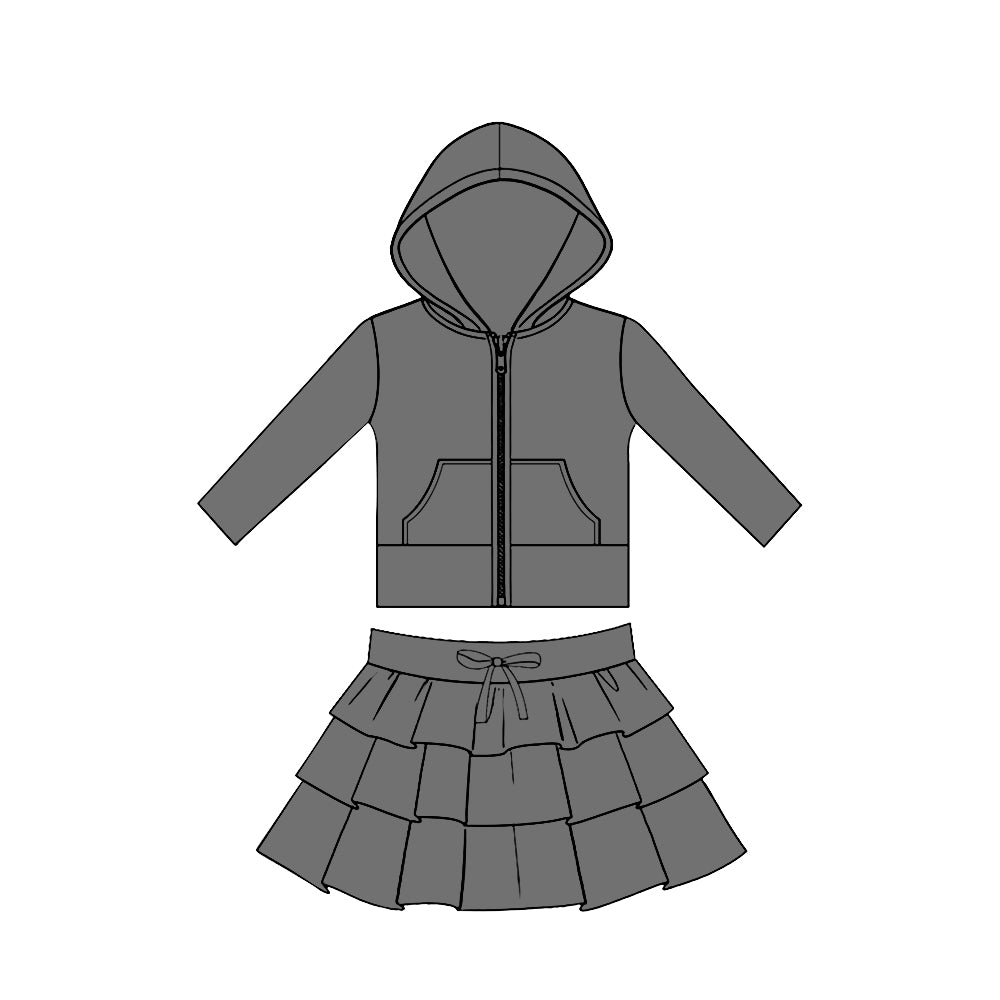 11.20 GLD1526 Pre order No Moq Yoga fabric Baby Girls Grey Pockets Zip Hoodies Jacket Ruffle Skirt Shorts Yoga Clothes Sets