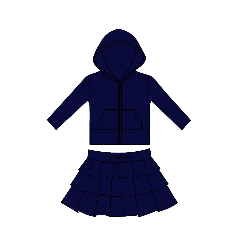 11.20 GLD1530 Pre order No Moq Yoga fabric Baby Girls Navy Pockets Zip Hoodies Jacket Ruffle Skirt Shorts Yoga Clothes Sets