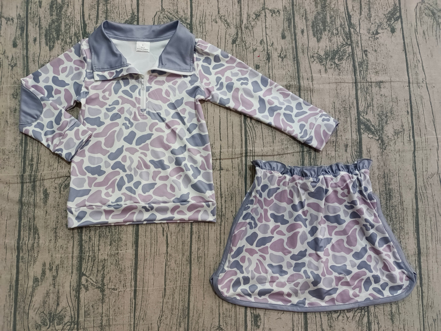 1.5 GLD1548 Smple No Moq Baby Girls Southern Light Grey Camo Zipper Pullover Skirt Shorts Clothes Sets
