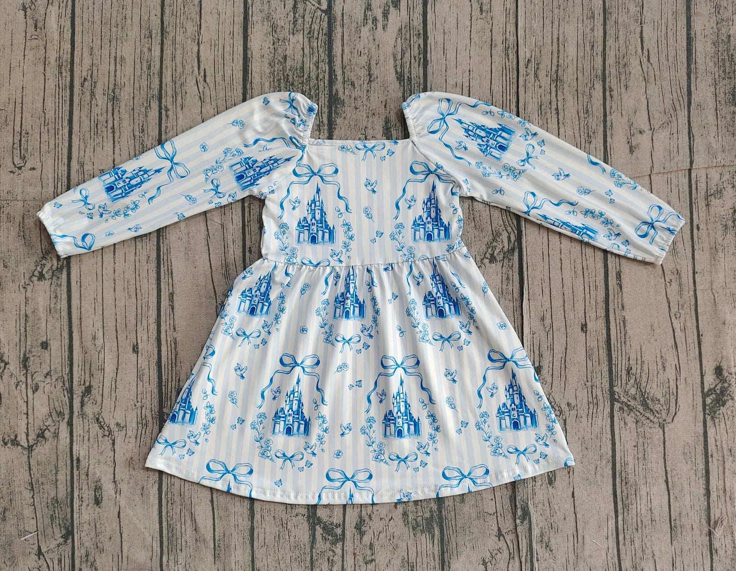12.20 GLD1567 Sample No Moq Baby Girls Blue Stripe Bows Castles Knee Length Dresses
