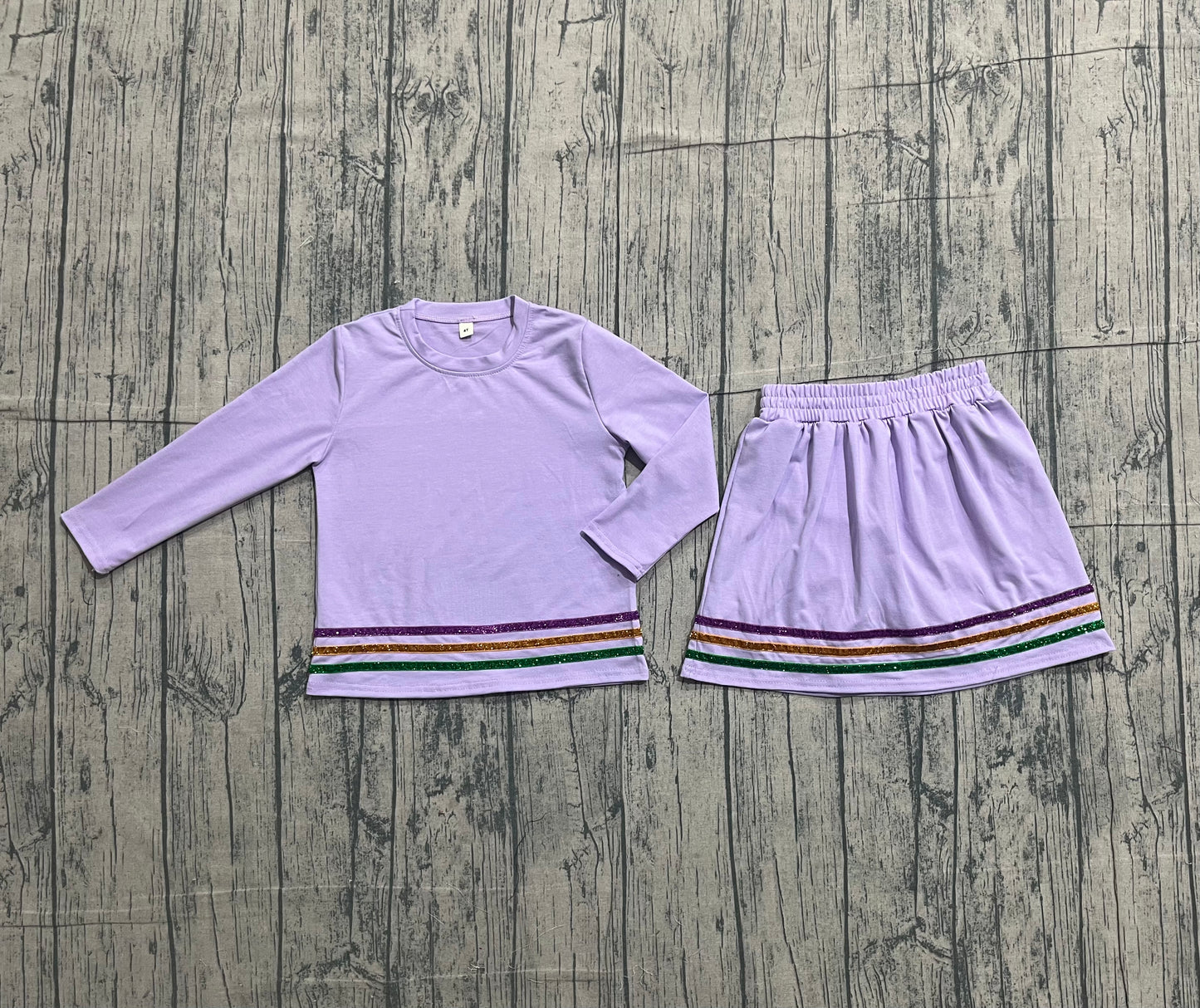 1.8 GLD1573 Smple No Moq Baby Girls Purple Long Sleeve Mardigras Stripe Top Skirt Short Clothes Sets