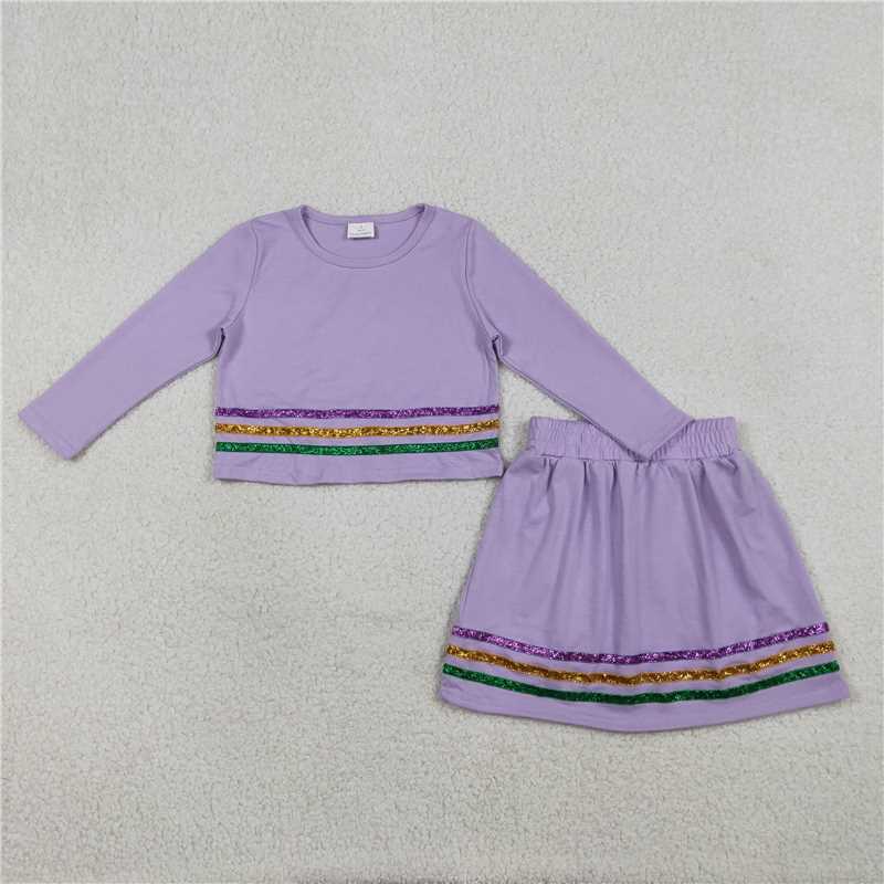 2.10 RTS NO MOQ (In stock)GLD1481 Baby Girls Stripe Mardigras Top Skirt Short Clothes Sets