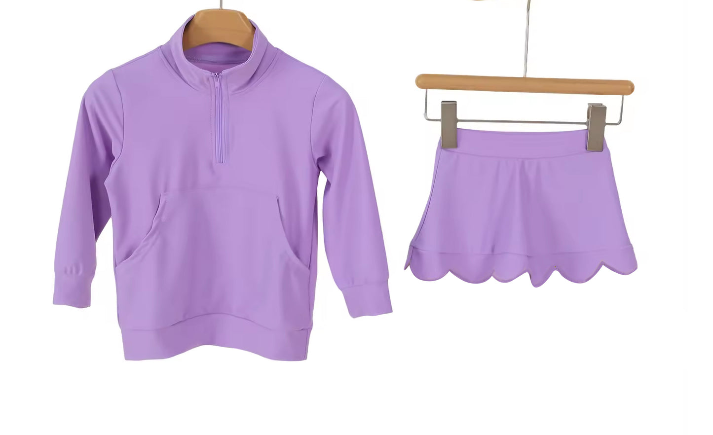 2.12 GLD1583 Pre order No Moq Yoga fabric Baby Girls Purple Zip Pockets Pullovers Scallop Skirt Short Yoga Active Clothes Sets