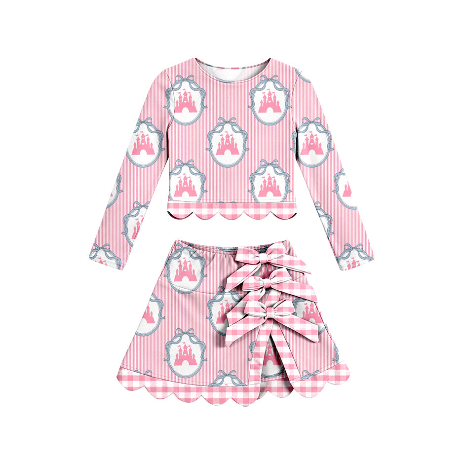 4.17 Pre order No Moq Baby Girls Pink Stripe Bows Top Short Skirt Yoga Active Scallop Clothes Sets