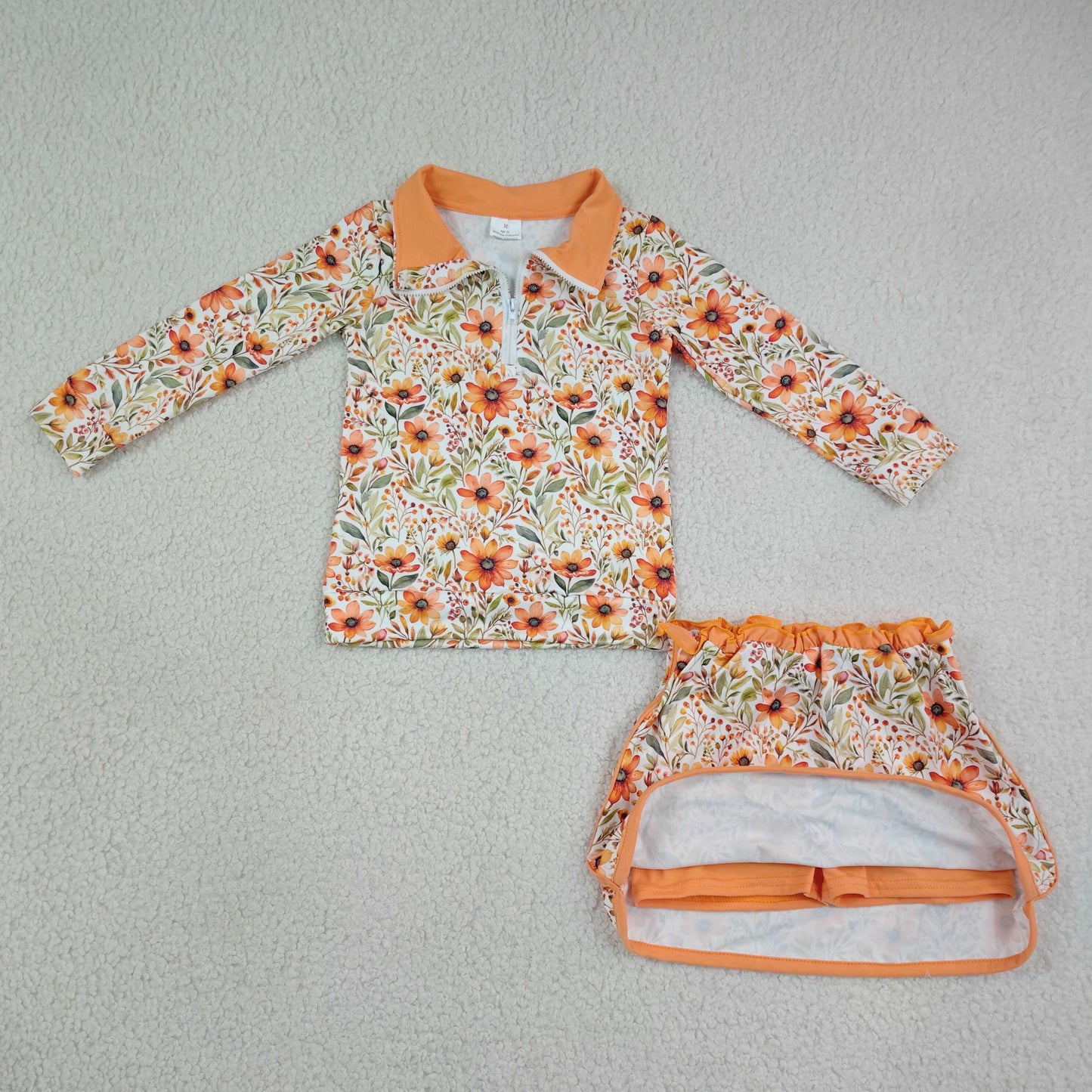 GLD1606 RTS NO MOQ (In stock) Baby Girls Long Sleeve Flowers Zip Pullovers Skirt Short Fall Clothes Sets