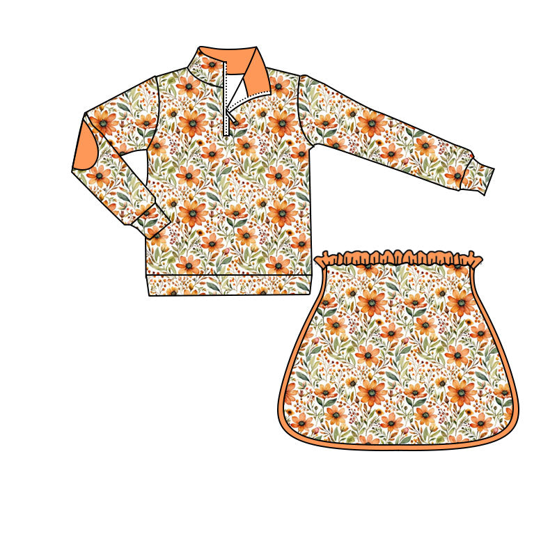 4.18 Pre order No Moq Baby Girls Long Sleeve Bows Leaves Zip Pullovers Skirt Short Fall Clothes Sets