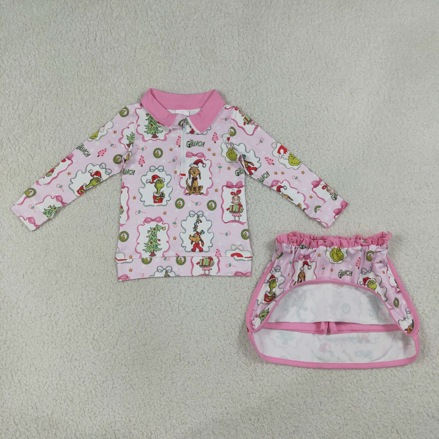 GLD1609 RTS NO MOQ (In stock) Baby Girls Christmas Tree Print Front Top Skort Two Piece Christmas Outfit Set