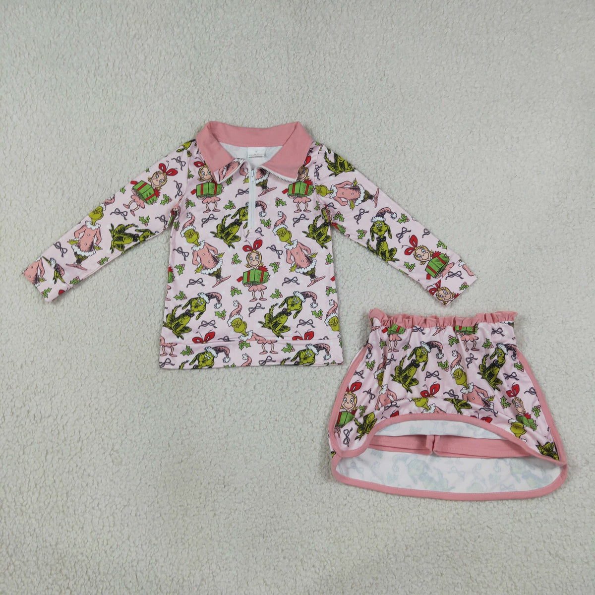GLD1610 RTS NO MOQ (In stock)milk silk Cute Clothes Baby Girls Christmas Zip Up Top Short Skirt Winter Christmas Holiday Clothes Set