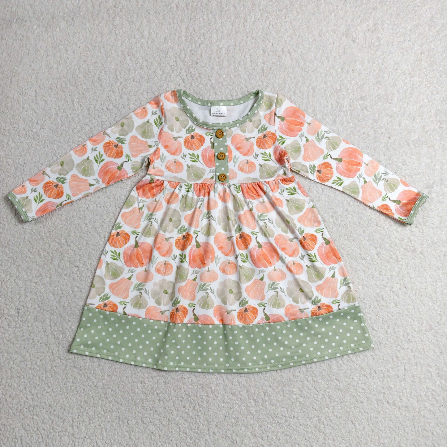 GLD1626 RTS NO MOQ (In stock)Baby Girls Long Sleeve Pumpkins Button Fall Knee Length Dresses