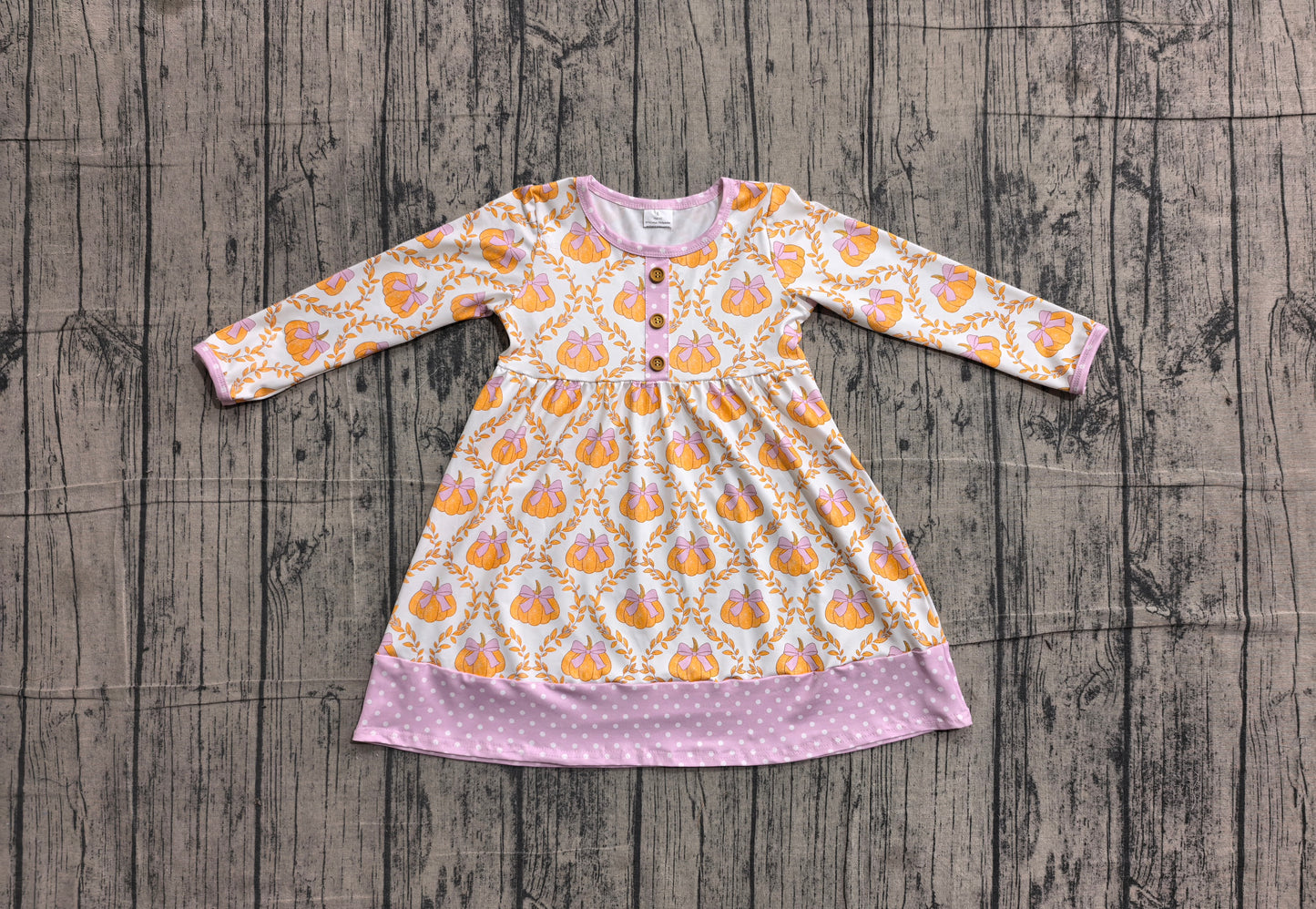 5.28 GLD1627 Sample No Moq Baby Girls Long Sleeve Bows Pumpkins Button Fall Knee Length Dresses
