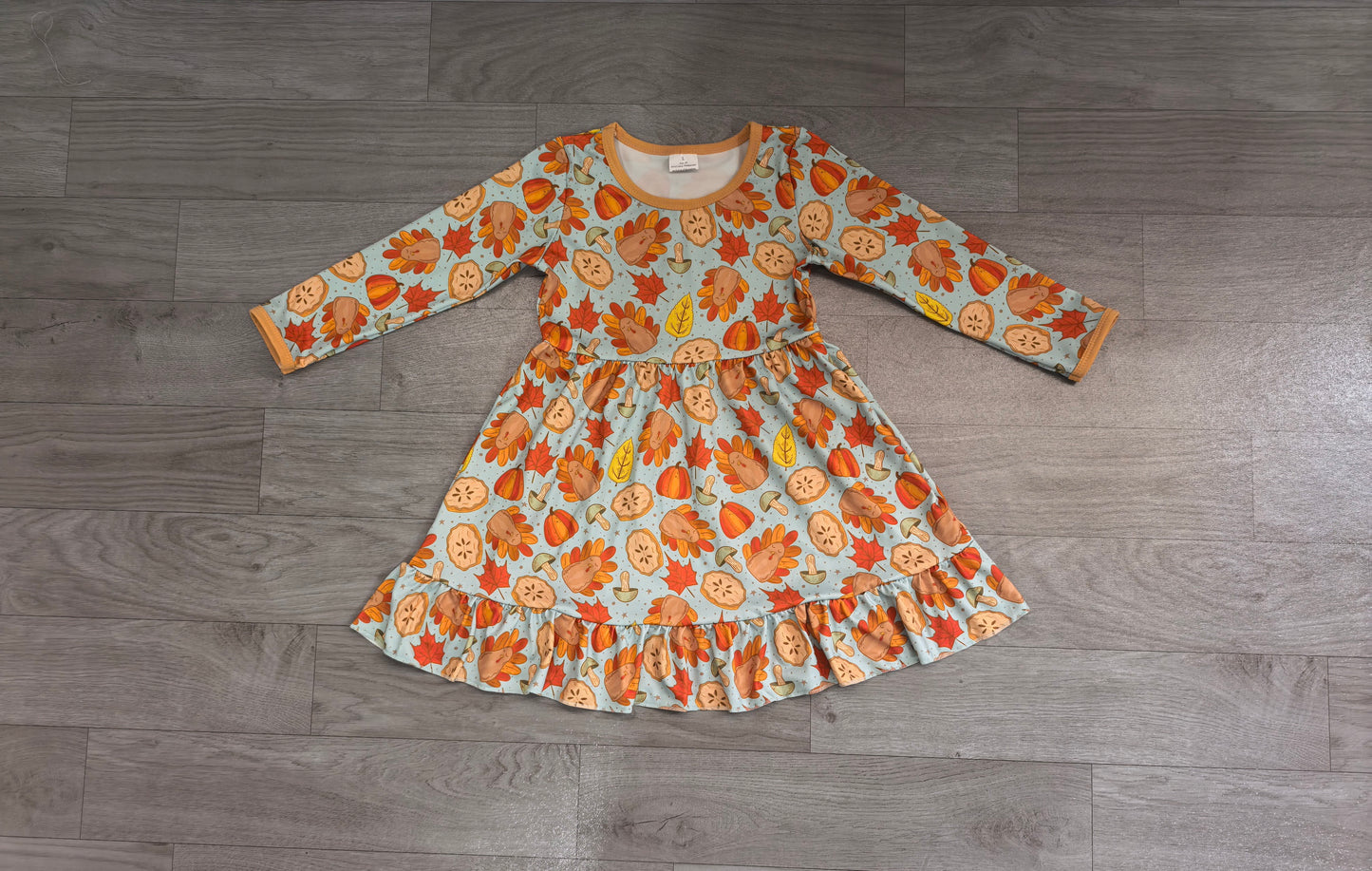 GLD1692 Sample No Moq Baby Girls Pumpkins Turkey Thanksgivings Ruffle Knee Length Dress
