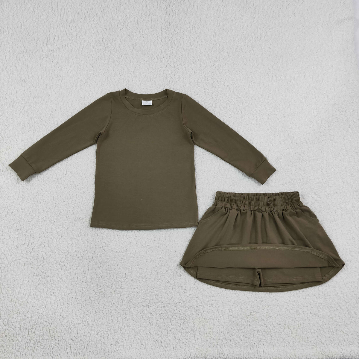 RTS NO MOQ GLD1698 cotton Baby Girls Olive Long Sleeve Top Pockets Skirt Short Clothes Sets