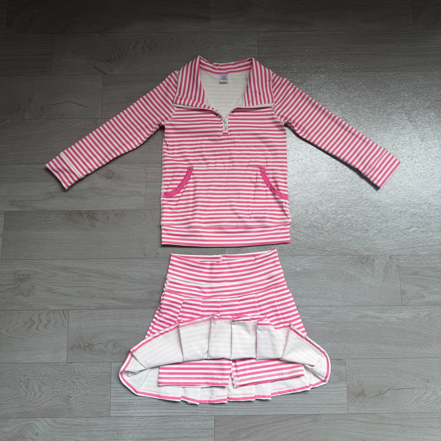 GLD1699(GT1783+GLK0335) Sample No Moq Yoga Baby Girls Pink White Striped Half Zip Pocket Long Sleeve Top And Skort Yoga Active Clothes Set