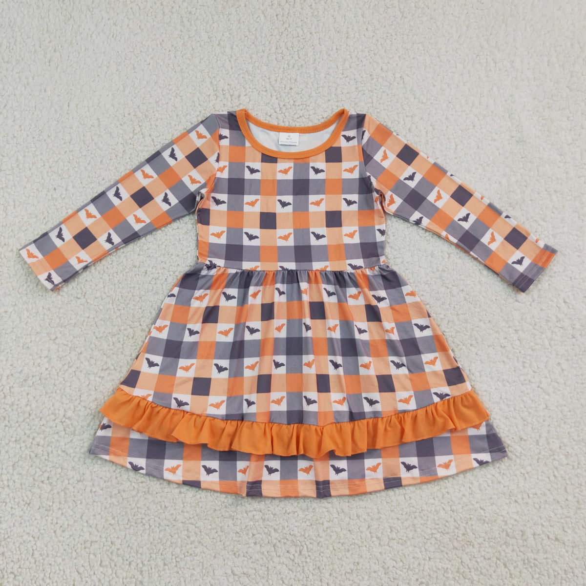 RTS NO MOQ (In stock)milk silk GLD1707 Baby Girls Bats Checked Ruffle Halloweens Knee Length Dress