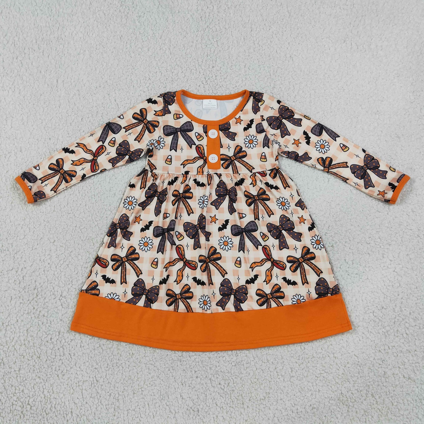 RTS NO MOQ (In stock)milk silk GLD1708 Baby Girls Halloween Floral Print Button Front Ruffle Hem Knee Length Dress