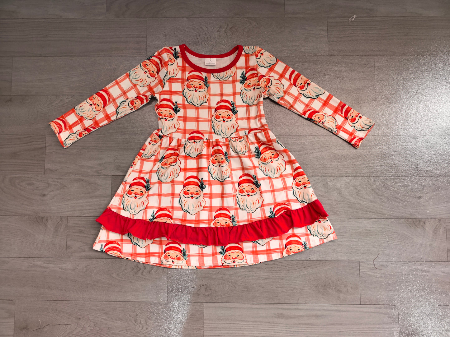 GLD1710 Sample No Moq Baby Girls Red Checked Santa Ruffle Christmas Knee Length Dress