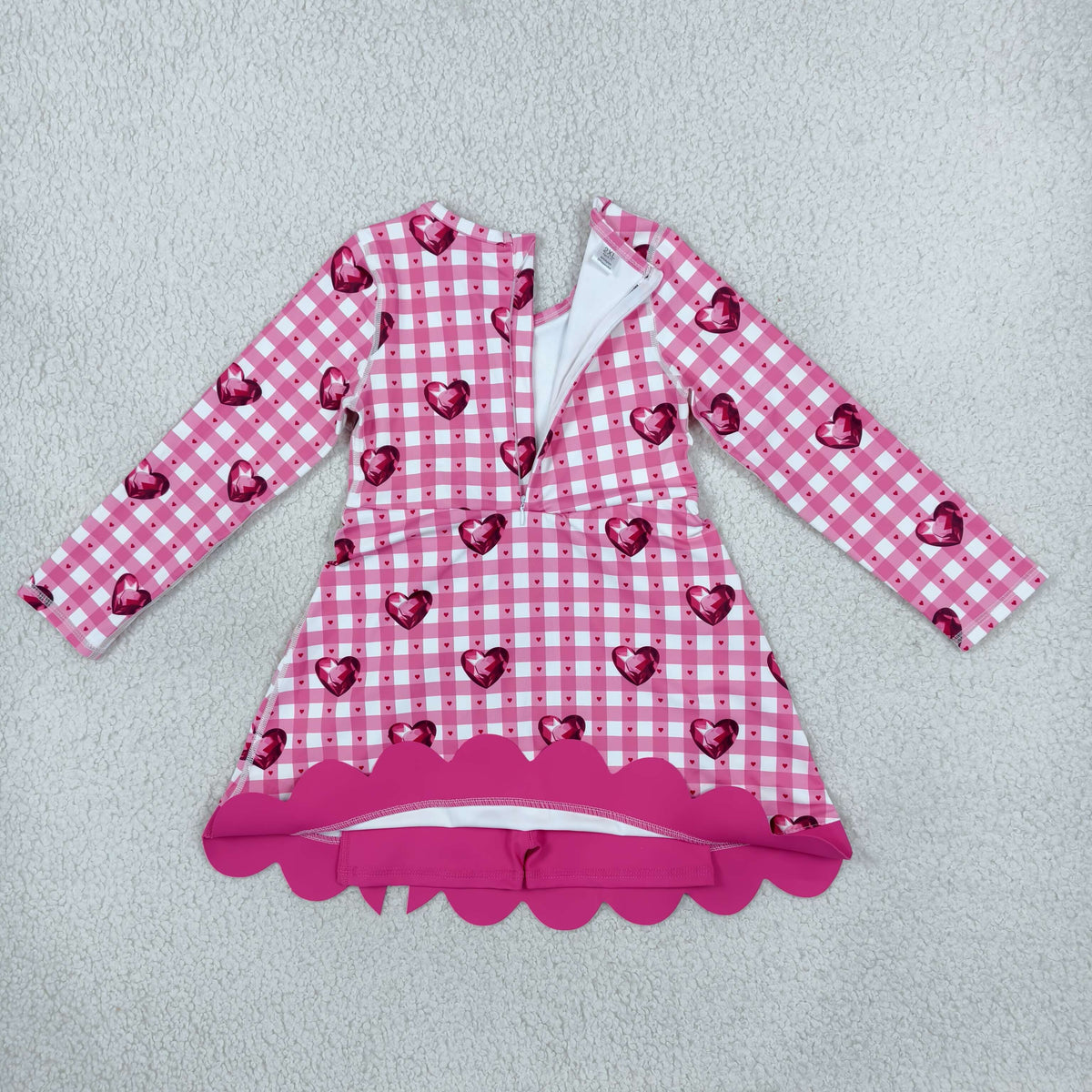 RTS NO MOQ (In stock)yoga fabric GLD1750 Yoga Baby Girls Valentines Day Long Sleeve Dress Checked Heart Print Bow Ruffle Hem Yoga Active Dress