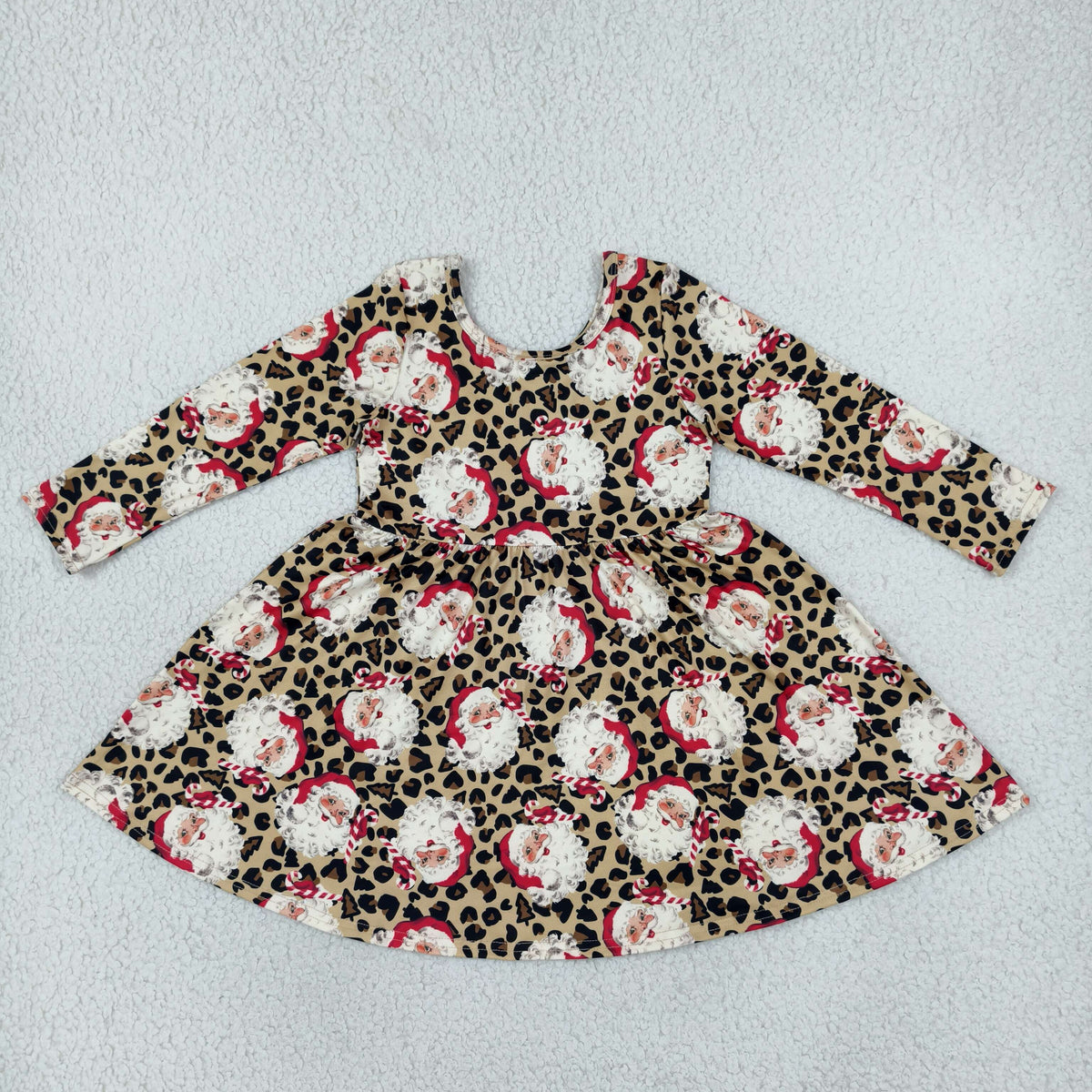 RTS NO MOQ (In stock)milk silk GLD1761 Baby Girls Long Sleeve Leopard Santa Christmas Knee Length Dress