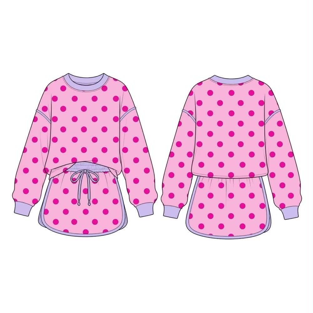 (Preorder new) No moq GLD1763 Baby Girls Pink Polka Dot Long Sleeve Sweatshirt And Drawstring Skort Set