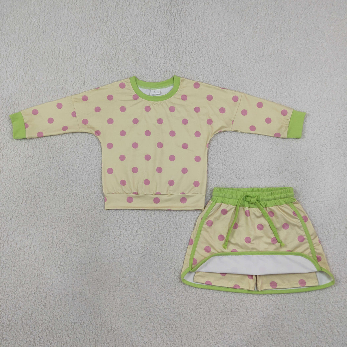 RTS NO MOQ (In stock)milk silk GLD1766 Baby Girls Yellow Polka Dot Long Sleeve Sweatshirt And Drawstring Skort Set