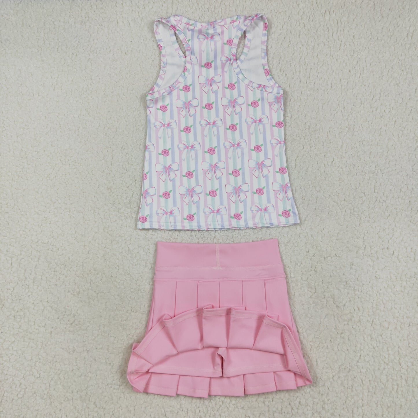 RTS NO MOQ (In stock)GLK0088+GT1014 Baby Girls Summer Outfits Baby Girls Sleeveless Lavender Bows Flowers Stripe Yoga Shirts Tops Baby Girls Light Pink Yoga Active Wear Pleated Skirts
