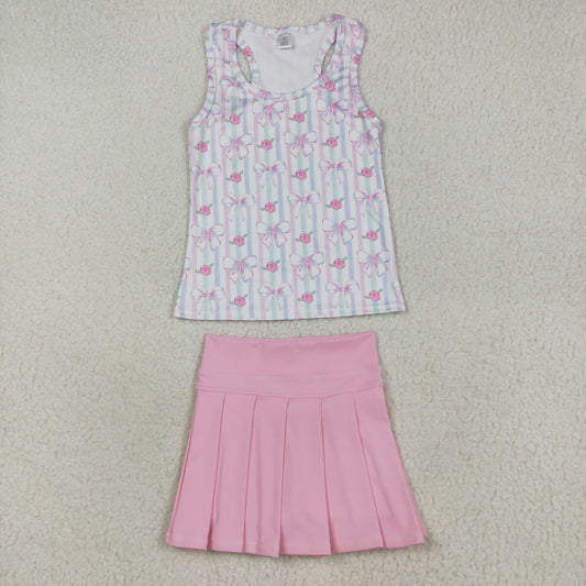 RTS NO MOQ (In stock)GLK0088+GT1014 Baby Girls Summer Outfits Baby Girls Sleeveless Lavender Bows Flowers Stripe Yoga Shirts Tops  Baby Girls Light Pink Yoga Active Wear Pleated Skirts
