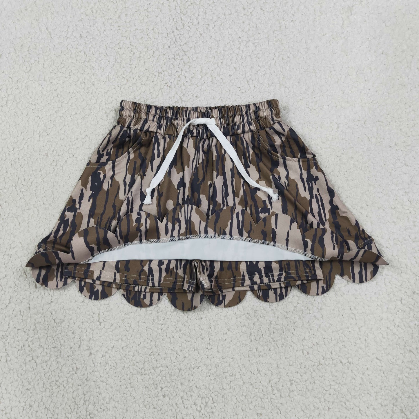 GLK0298 RTS NO MOQ (In stock)Olive camo pocket scallop kids girls skirt