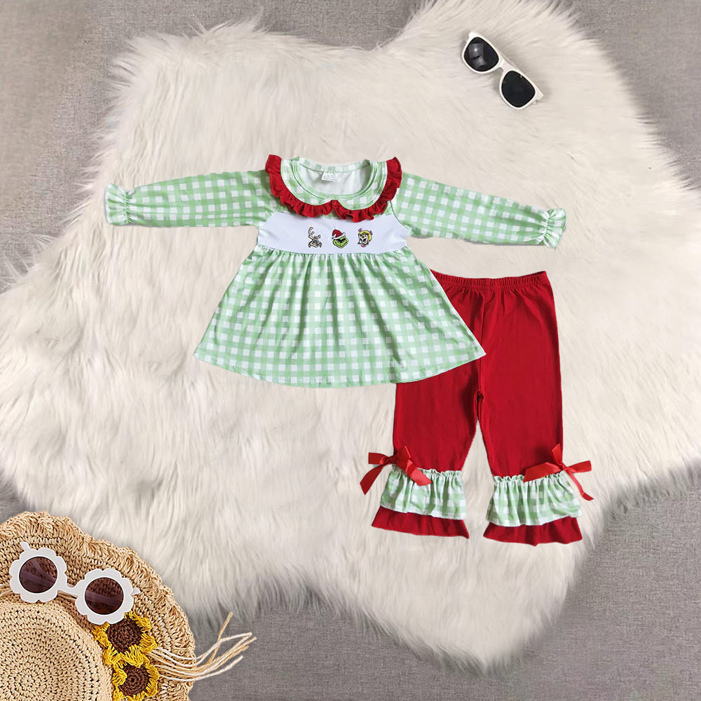 8.21 RTS Sibling Baby Green face embroidery plaid tunic ruffle pans girls Christmas clothing