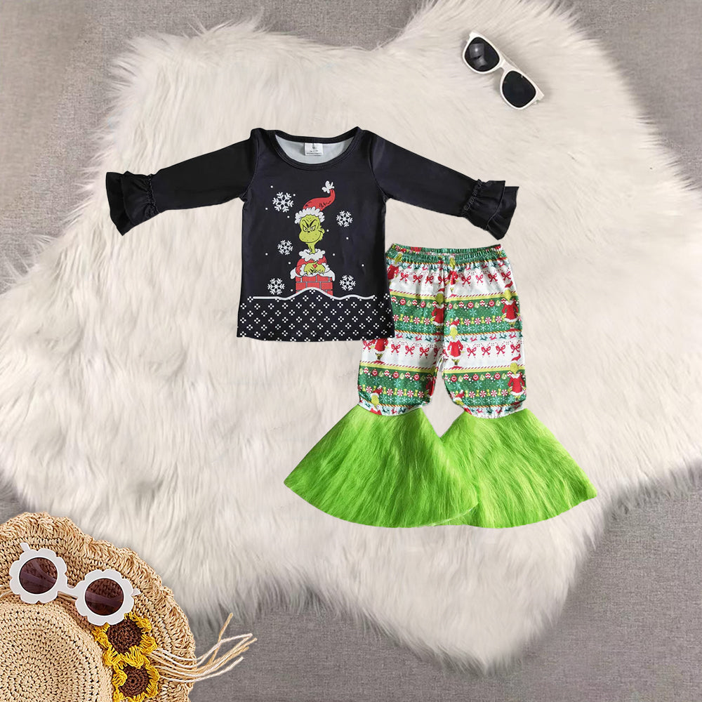 8.23 RTS Sibling Baby Green face red shirt faux fur bell bottom pants girls Christmas clothes