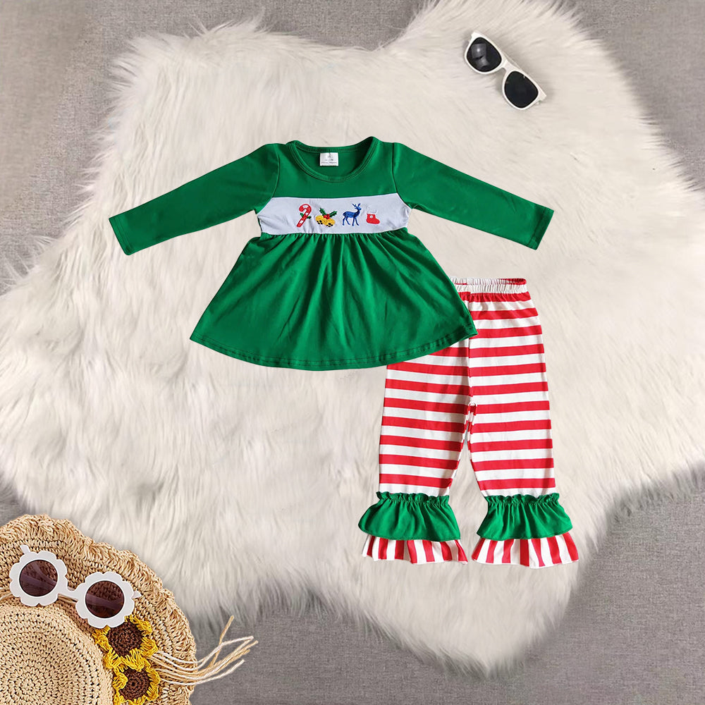 8.20 RTS Sibling Baby Candy cane jingle bell deer embroidery girls Christmas clothes