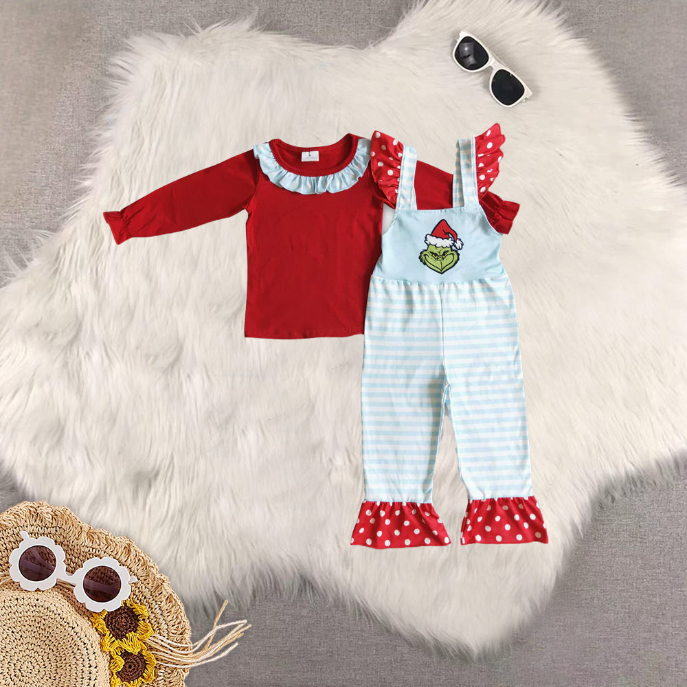 RTS Sibling Baby boys and girls cotton top green face stripe overalls kids Christmas set