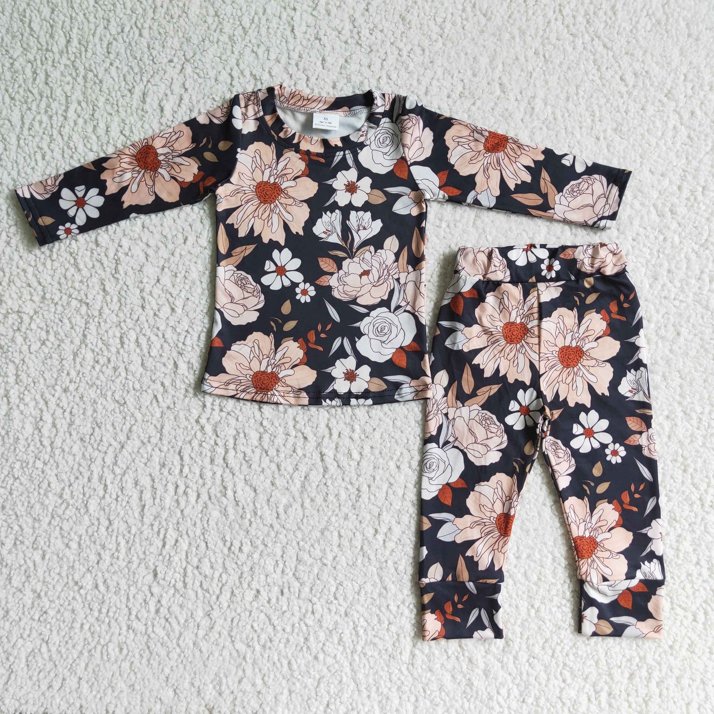GLP0195 baby girls black floral fall pajamas sets