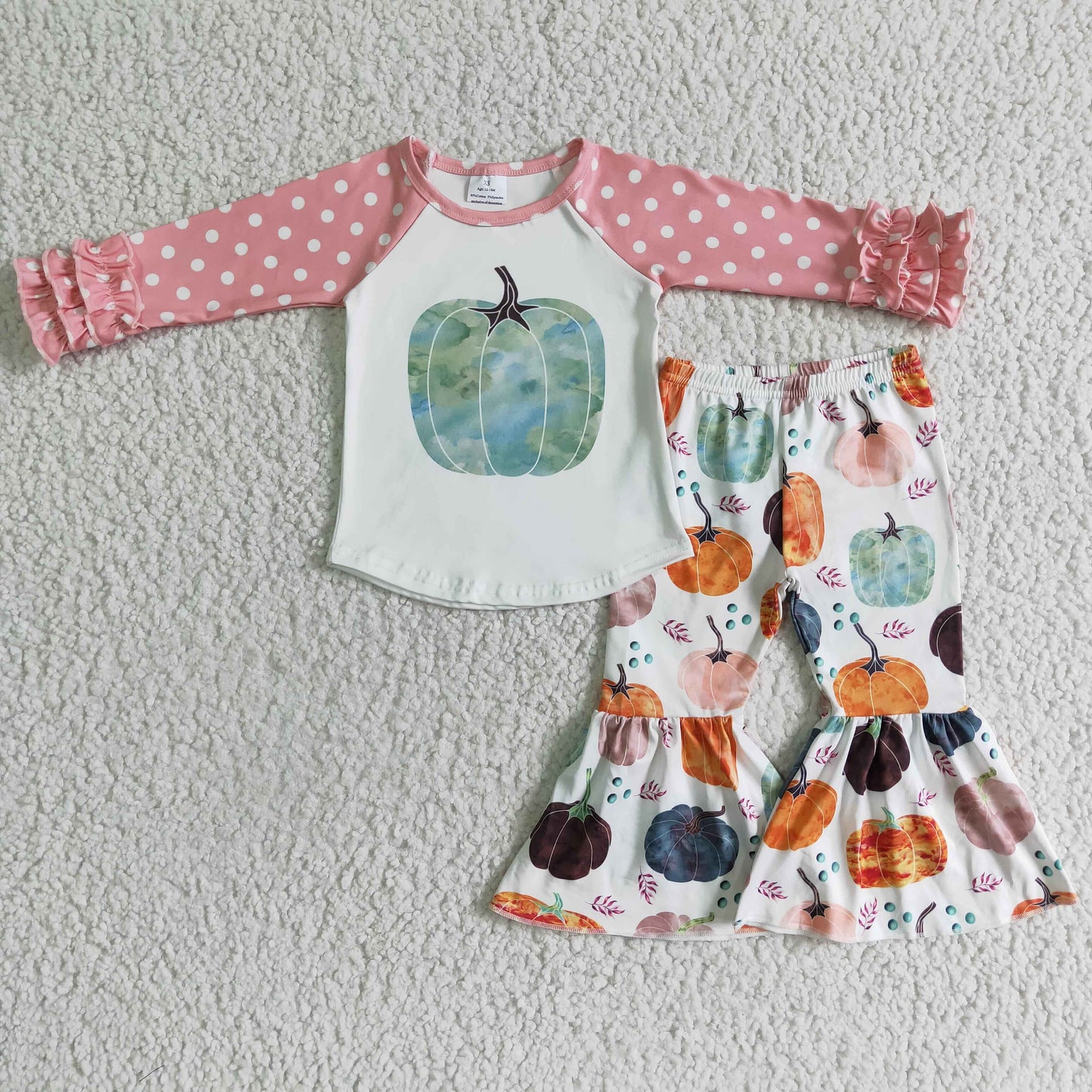 10.4 GLP0240 RTS No Moq Promotion Baby Girls Winter Outfits Baby Girls fall pumpkin dots long sleeve top bell pants clothes sets