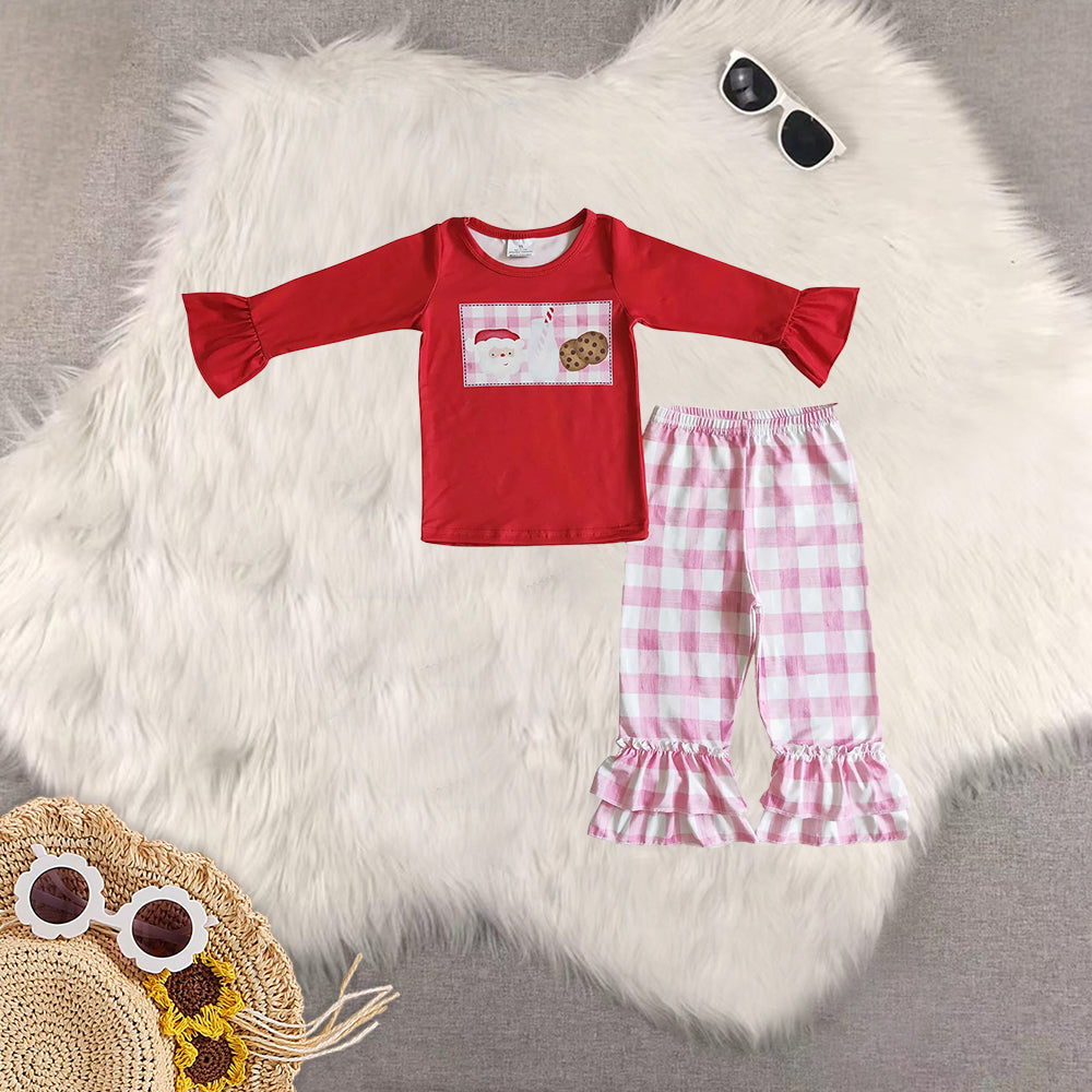 8.21 RTS Sibling Baby Boys Girls Santa milk biscuit shirt plaid ruffle pants girls Christmas clothes rompers