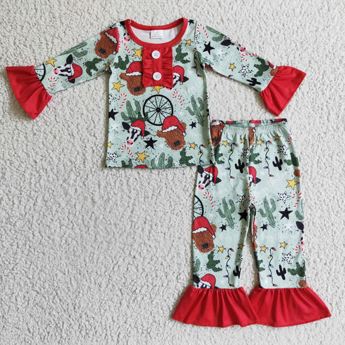 9.18 RTS Sibling Baby Boys Girls Christmas Hats Cows Cactus Button Top Pant Pajamas Sets