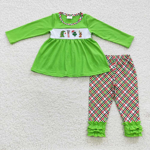9.19 RTS Sibling Baby Boys Girls Embroidery Green Faces Pants Christmas Clothes Sets Footie Rompers