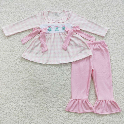 9.19 RTS Sibling Baby Kids Embroidery Trees Checked Top Pants Christmas Clothes Sets Rompers