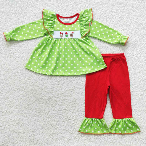 9.19 RTS Sibling Baby Boys Girls Embroidery Green Faces Pants Christmas Clothes Sets Footie Rompers