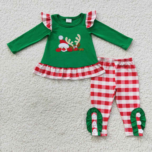 9.19 RTS Sibling Baby Kids Embroidery Santa Deer Green Sleeves Christmas Clothes Sets Footie Rompers