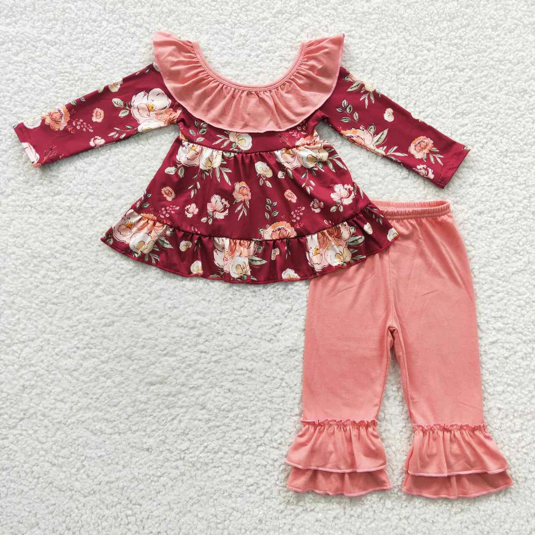 10.2 RTS Sibling Baby Girls Long Sleeves Floral Bows Tunic Ruffle Pants Clothes Sets