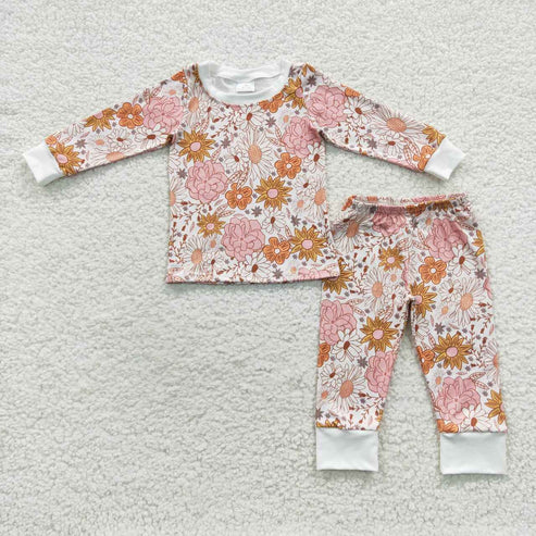 9.19 RTS Sibling Baby Girls Orange Pink Daisy Flowers op Pants Pajamas Sets Zipper Rompers