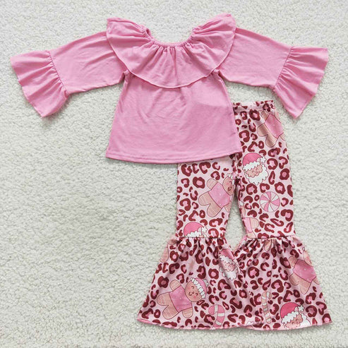 9.19 RTS Sibling Baby Girls Leopard Santa Shirts Bell Bottom Pants Christmas Clothes Sets Knee Length Dresses