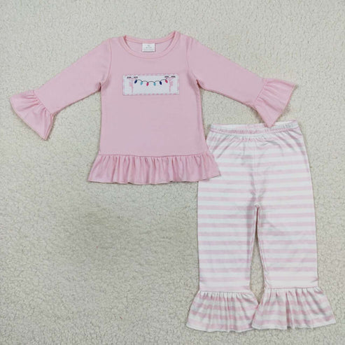 9.22 RTS Sibling Embroidery Lights Baby Kids Long Sleeves Pants Christmas Pajamas Sets